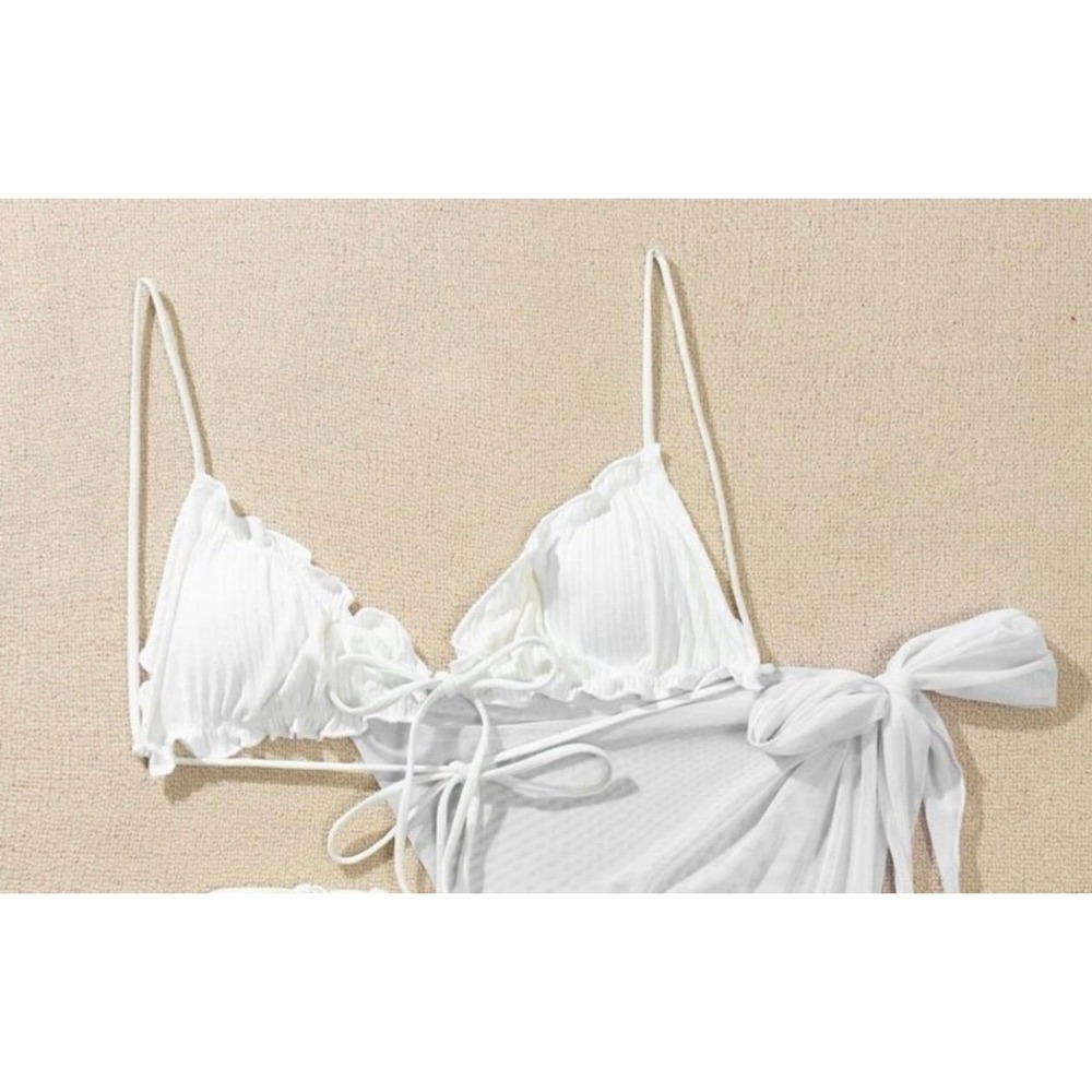 White Ribbed Ruffle Bikini Top Swimsuit Adjustable Spaghetti Strap Small - Picture 2 of 4